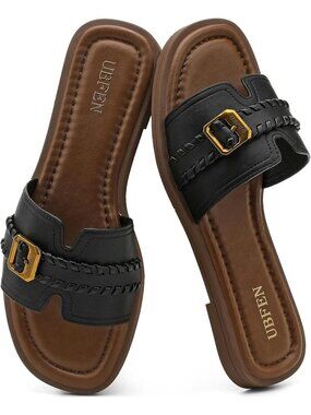 Women's Black Brown Square Toe Flat Sandals Slides Dressy Comfortable for Beach